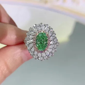100% Настоящее серебро 925 пробы, 6*9 мм, светло-зеленые кольца с турмалином для женщин, ювелирные украшения для свадебной вечеринки с бриллиантами, подарки