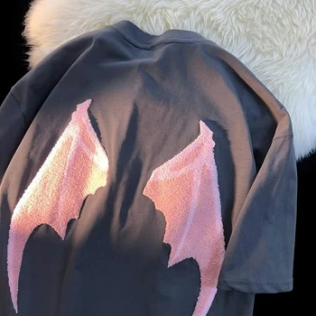 Kuromi Gothic Vintage Little Devil С буквенной флокированной вышивкой, футболка с короткими рукавами, Женская 2023 Летняя Свободная Аниме Y2k, женские Футболки