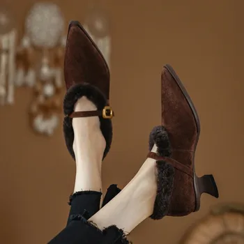 Винтажные коричневые замшевые женские ботинки на меху, ботильоны на высоком каблуке с неглубоким ремешком, Черные зимние вечерние туфли-лодочки Chaussure Femininos
