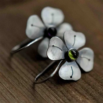 Винтажные серебряные серьги с резьбой в виде цветка, простые круглые серьги с оливково-зеленым камнем, висячие серьги для женщин, аксессуары