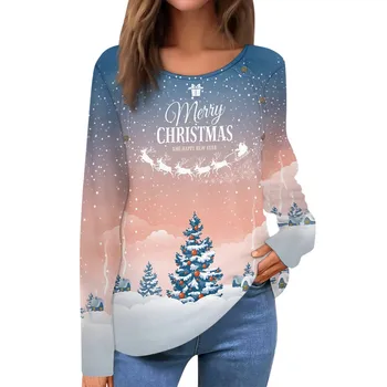 Женская футболка 2024, осенне-зимние топы Merry Christmas, Повседневный пуловер с рождественским принтом с длинным рукавом и круглым вырезом, женские свободные футболки