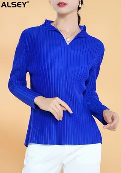 Женский облегающий топ с плиссированным воротником и длинными рукавами ALSEY Miyake, весна-осень, новая темпераментная футболка, однотонная нижняя рубашка
