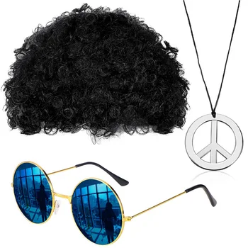 Комплект костюмов хиппи, мужская одежда 70-х, рубашка хиппи, Черный парик, солнцезащитные очки, ожерелье со знаком мира, костюмы на Хэллоуин
