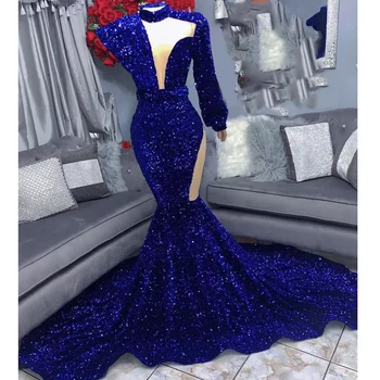 королевские синие платья для выпускного вечера на одно плечо с длинным рукавом русалка длинные вечерние платья на заказ платья арабские блестящие вечерние платья