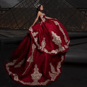 Красное Блестящее Бальное платье С Открытыми плечами, Пышные платья С Золотой Аппликацией, Кружевные Бусины, Сладкое платье 16, Пышные Платья Vestidos De 15