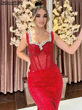 Красное вечернее платье с высоким разрезом на бретельках, Дубайское вечернее платье Русалки, расшитое блестками, украшенное бисером и кристаллами, вечернее платье для вечеринок.