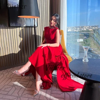 Красные вечерние платья русалки с накидкой без рукавов с круглым вырезом, Арабское платье для выпускного вечера в Дубае длиной до пола, платья для официальных мероприятий