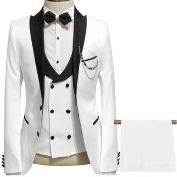 Модные мужские повседневные деловые костюмы из бутика, комплект из 3 предметов / Мужской Двубортный жилет с двухцветной строчкой, Блейзеры, куртка, брюки