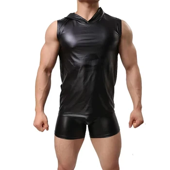 Мужская эластичная футболка из искусственной кожи с эффектом мокрого вида, без рукавов, жилет с капюшоном, верхняя футболка, толстовка, черная, L 3XL, удобная