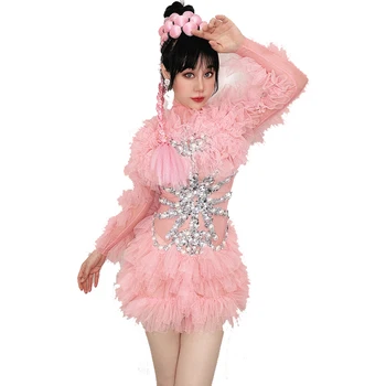 Новое сексуальное модное розовое платье со стразами в виде цветка для костюма певицы