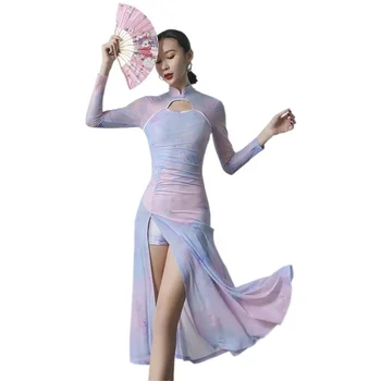 Новостное платье для тренировок в китайском стиле чонсам с длинным рукавом и сетчатым принтом