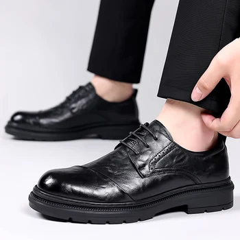 Новые мужские деловые офисные официальные кожаные туфли-оксфорды с комфортной дышащей толстой подошвой, водонепроницаемые туфли без застежки с круглым носком