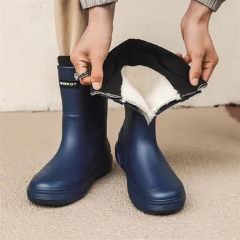 Новые мужские зимние Теплые Непромокаемые ботинки из ПВХ, Нескользящие Непромокаемые ботинки до середины икры на толстом каблуке, Водонепроницаемая обувь, Резиновые сапоги, Нескользящие