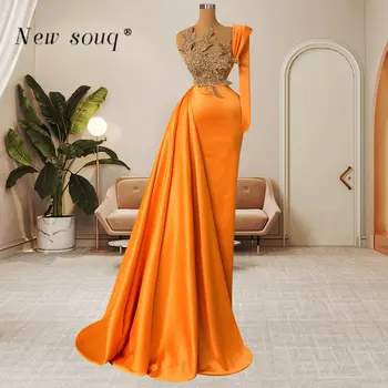 Оранжевые атласные вечерние платья на одно плечо с длинным шлейфом сбоку, блестки для торжественных мероприятий, элегантные платья для женщин, Свадебная вечеринка