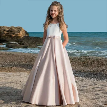 Платья с цветочным узором для девочек, розовая атласная отделка, нарядные платья для свадеб, детские вечерние нарядные платья с бантом, платья для первого причастия для девочек