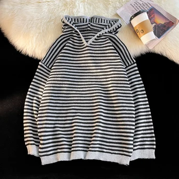 Полосатый свитер, мужской Осенний Корейский модный Свободный трендовый пуловер с капюшоном 2023, Повседневные Мужские топы с длинным рукавом, свитера B77