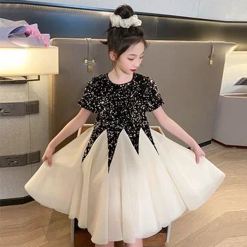Праздничное платье для девочек, газовая юбка с блестками, сверкающее платье с коротким рукавом, детские платья принцессы для девочек от 4 до 14 лет, Летняя детская одежда