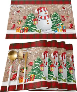 Рождественские салфетки Набор из 4 моющихся тканевых салфеток, милые снеговички, кардиналы, сосновые ветки, деревенское дерево, термостойкое