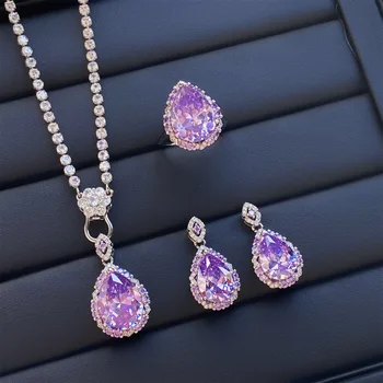Роскошные сверкающие фиолетовые кристаллы в виде капель воды, Аксессуары для женщин, Ювелирный набор, Ожерелье, Обручальные кольца, серьги, Подарки для помолвки