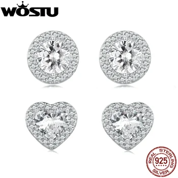 Свадебные украшения WOSTU из стерлингового серебра 925 пробы, круглые серьги-гвоздики в виде сердца для женщин, серьги-подвески с цирконием AAA, подарок на помолвку