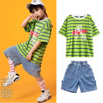 Свободные танцевальные костюмы в стиле хип-хоп, детская одежда для джазовых выступлений в полоску, одежда для занятий уличными танцами, летняя рейв-одежда DC4883