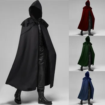 Средневековый костюм Монаха с капюшоном, Плащ, Ветрозащитный мужской тренч, Готический Волшебник Викки, Черный мужской плащ, Накидка, Мантии Смерти на Хэллоуин