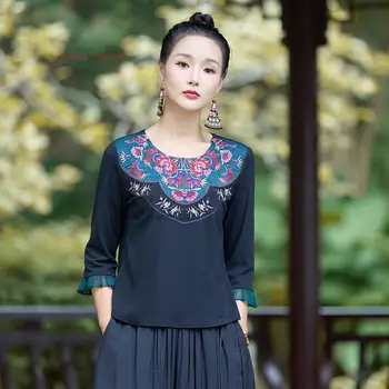 традиционная китайская винтажная рубашка 2024 года, футболка с круглым вырезом, расшитая национальным цветком, китайская народная уличная одежда, этническая базовая рубашка