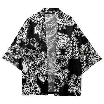 Традиционное летнее кимоно с принтом цветов Кешью, Кардиган для мужчин, женщин, Черный, Белый, косплей, Юката, Модная японская рубашка Хаори