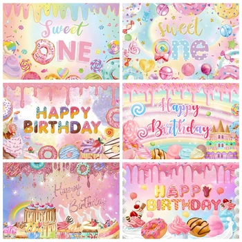 Фон для фотосъемки на 1-й день рождения Sweet One для мальчиков и девочек, Пончики, конфеты, леденцы, торт, декор стола, фон для фотосъемки в душе ребенка