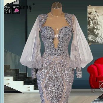 Элегантное кружевное платье Макси с рукавом-фонариком, длинные вечерние платья с глубоким V-образным вырезом, вечерние платья Русалки серебристого цвета для женщин, Свадебная вечеринка