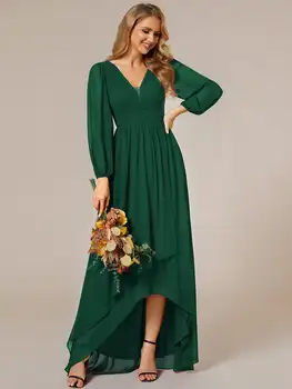 Элегантные вечерние платья с V-образным вырезом и регулярным подолом в стиле ампир на талии 2024 года из шифона Темно-зеленого цвета для подружки невесты