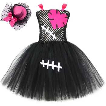 Ярко-розовые черные костюмы зомби на Хэллоуин для девочек, сломанная кукла, страшное платье-пачка, детский карнавал, жуткий наряд для вечеринки с кружевной шляпкой